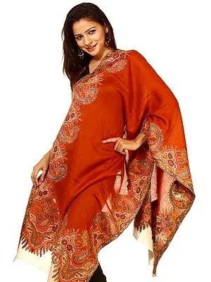 Jaffa-Orange Kani Stole with Woven Paiselys on Borders