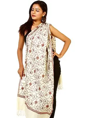 Ivory Tusha Stole with All-Over Needle Stitch Embroidery By Hand