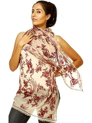 Beige Stole with Printed Birds and Flowers