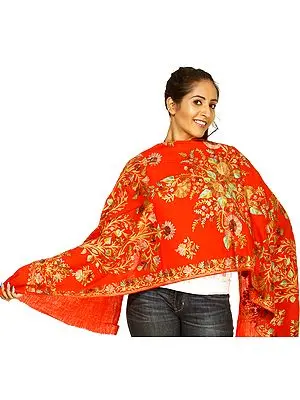 Grenadine-Orange Kashmiri Stole with Aari-Embroidered Flowers All-Over