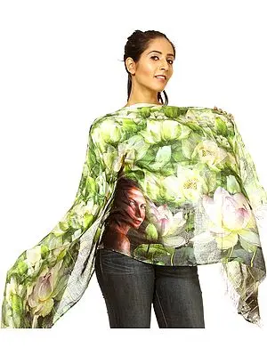 Lime-Green Stole with Digital-Printed Lady and Lotus Flowers