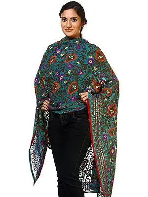 Bristol-Blue Phulkari Dupatta from Punjab with Aari-embroidery All-Over