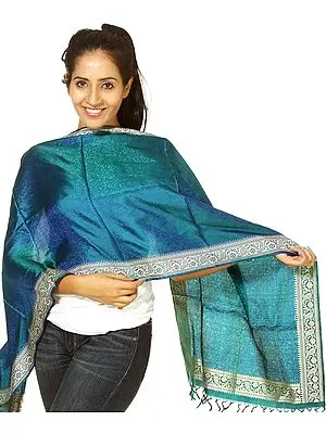 Handwoven Bottle-Green Banarasi Stole with Tanchoi Weave