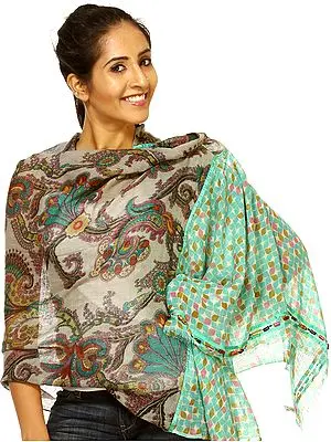 Gray and Blue Printed Jamawar Stole with Bead Work