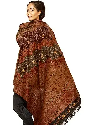 Maroon and Gray Jamawar Shawl with Woven Paisleys and Sozni Embroidery by Hand