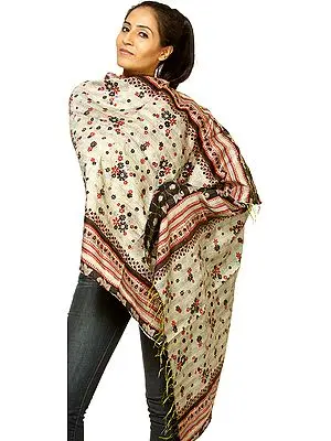 Beige and Aqua Double-Sided Kantha Embroidered Stole with Printed Flowers