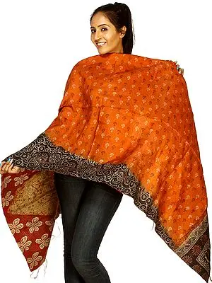 Golden-Oak Kantha Stitch Stole with Printed Paisleys and Flowers