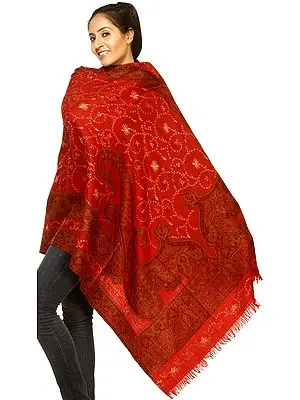 Pompeian-Red Jamawar Shawl with Sozni Embroidery by Hand