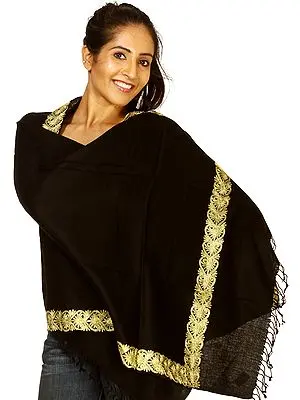 Plain Black Stole with Metallic Golden Thread Embroidery on Border