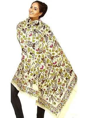 Beige Kantha Shawl with Hand Embroidered Flowers and Birds All-Over