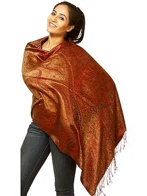 Reversible Red and Golden Super Silk Jamawar Stole with All-Over Weave