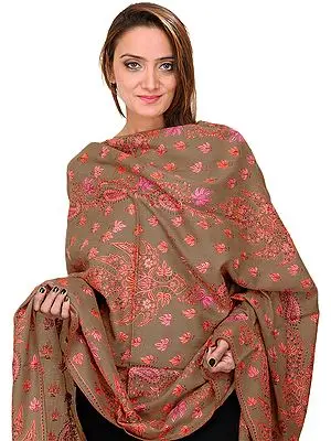 Antique-Bronze Kashmiri Tusha Shawl with All-Over Sozni Embroidered Chinar Leaves by Hand
