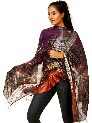 Royal Lilac Stole with Digital Printed City Skyline