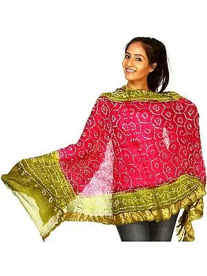 Olive and Magenta Bandhani Tie-Dye Stole from Gujarat