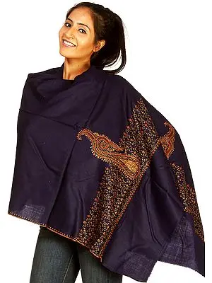 Midnight-Blue Kashmiri Stole with Needle Stiched Embroidered  Paisleys on Border