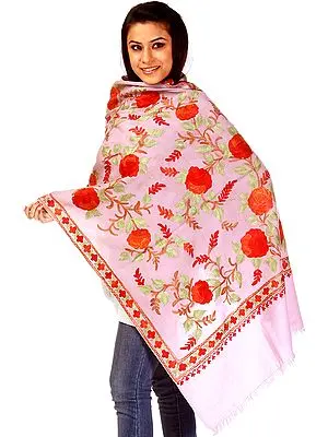 Powder-Pink Kashmiri Stole with Aari Embroidery of Flowers All-Over
