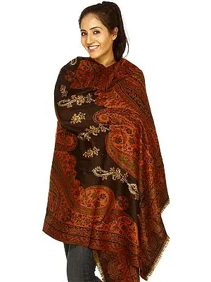 Brown and Black Jamawar Shawl with Sozni Embroidered Paisleys