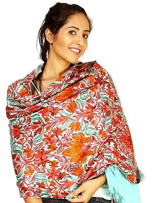 Cyan Kashmiri Stole with Aari Embroidered Flowers All-Over