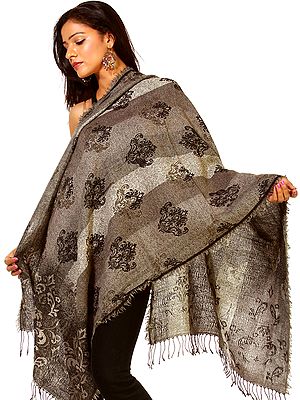 Gray Reversible Jamawar Stole with Woven Flowers