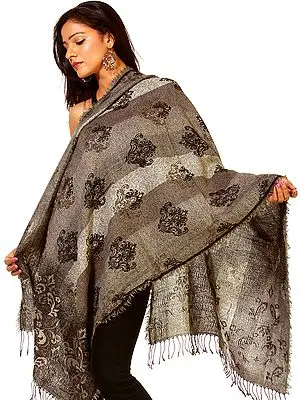 Gray Reversible Jamawar Stole with Woven Flowers