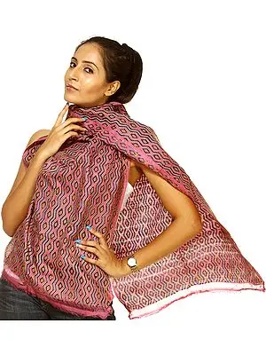 Sachet-Pink Kantha Stitched Scarf with Geometric Waves
