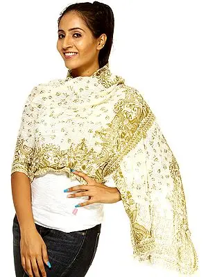 Ivory Stole with Printed Birds and Flowers All-Over