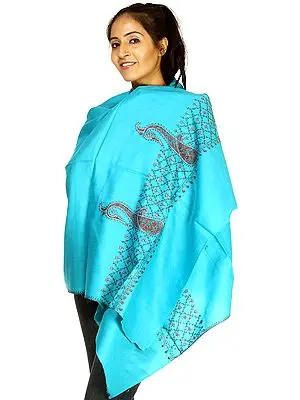 Scuba-Blue Plain Kashmiri Stole with Needle Stitched Embroidery Paisleys on Border