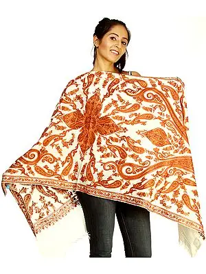 Ivory Kashmiri Stole with Aari Embroidered Paisleys by Hand