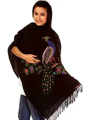 Phantom-Black Stole with Kantha Embroidered Peacock with Sequins