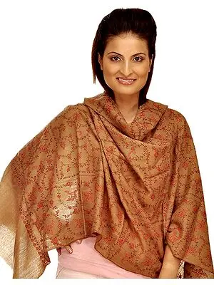 Khaki Kashmiri Stole with Sozni Embroidery by Hand All-Over
