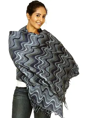 Blue and Gray Reversible Jamawar Stole with Woven Waves