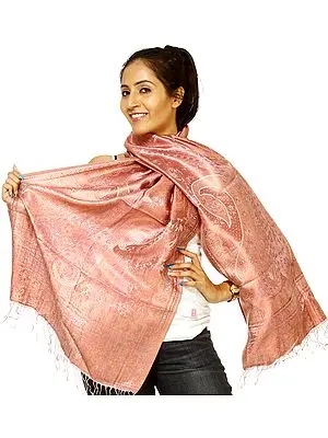 Pink Jamawar Stole with Woven Paisleys All-Over