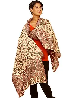 Beige Kani Stole with Woven Paisleys