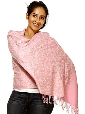 Morning Glory-Pink Stole with Aari Embroidered Paisleys All-Over