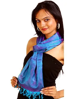 Hawaiian Ocean-Blue Banarasi Scarf with Tanchoi Weave by Hand