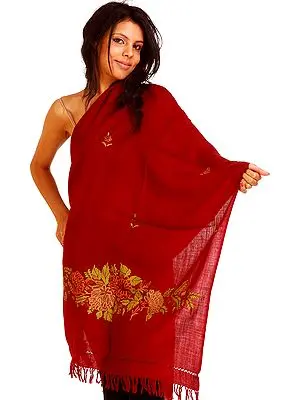 Maroon Kashmiri Stole with Aari Embroidered Flowers by Hand
