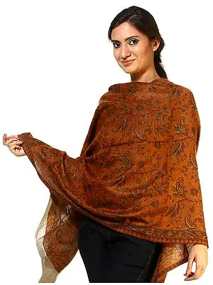 Burnt-Orange Reversible Jamawar Stole with All-Woven Paisleys