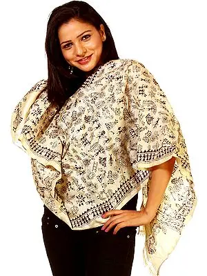 Beige Kantha Scarf With Hand Embroidered Warli Motifs