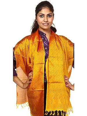 Red and Golden Banarasi Scarf with Tanchoi Weave by Hand