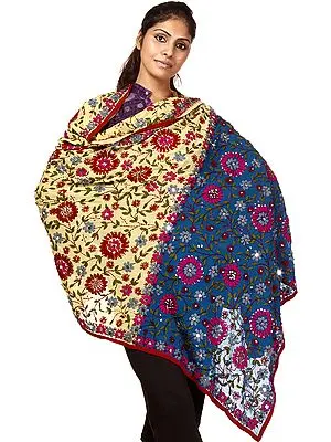 Dusky Citron and French Blue Phulkari Dupatta from Punjab with Aari-Embroidery All-Over