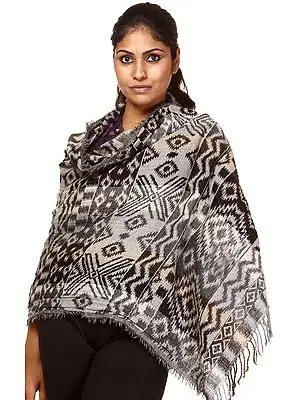 Black and Gray Jamawar Stole with Woven Rhomboids All-Over
