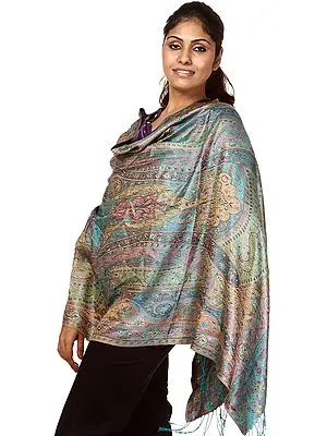 Turquoise Woven Jamawar Stole with All-Over Weave in Multi-Colored Thread