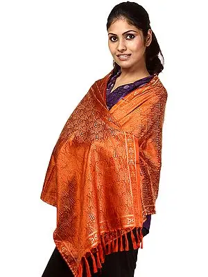 Mecca-Orange Tehra Scarf from Banaras with Hand-woven Paisleys