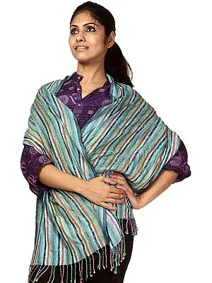 Blue Jaquard Stole with Woven Multiple Stripes