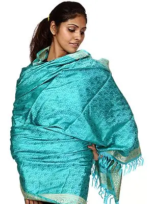 Cyan-Blue Banarasi Shawl with Tanchoi Weave by Hand