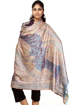 Heritage Blue Jamawar Shawl With Woven Paisleys and Needle Embroidery by hand