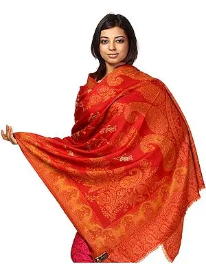 Pompeian-Red Jamawar Shawl with Sozni Embroidery by Hand and Woven Paisleys All-Over