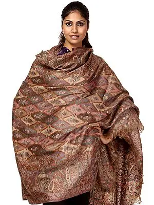 Beige Kani Shawl with All-Over Woven Flowers in Multi-Color Thread
