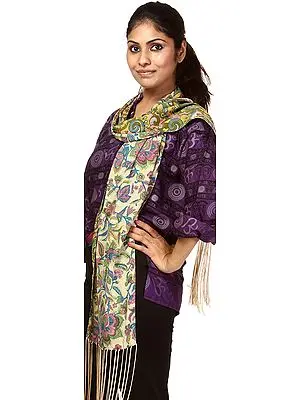Cream and Green Reversible Scarf with with Modern Print All-Over