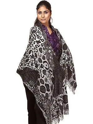 Smoke-Gray Jamawar Stole with Jacquard Woven Leopard Skin